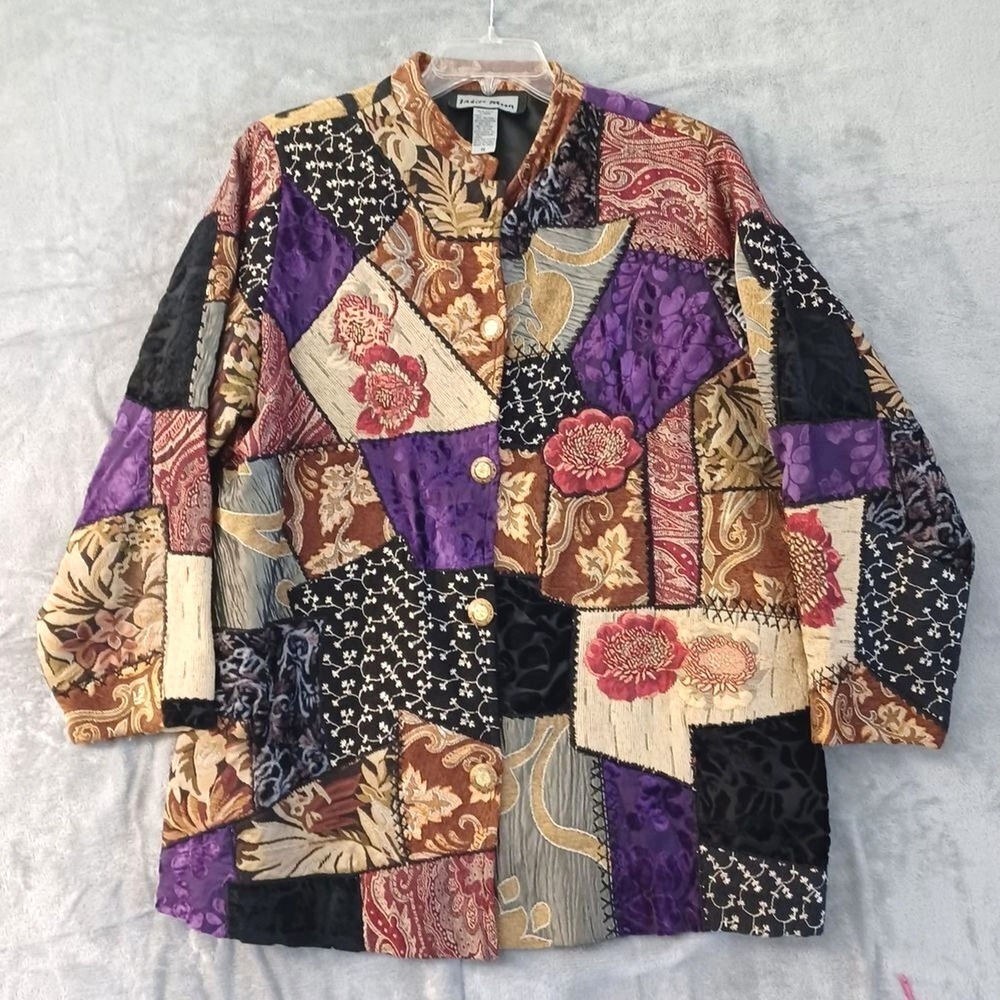 Indigo Moon 1X Jacket Purple Embroidered Artsy Boho Whimsy Patchwork Tapestry